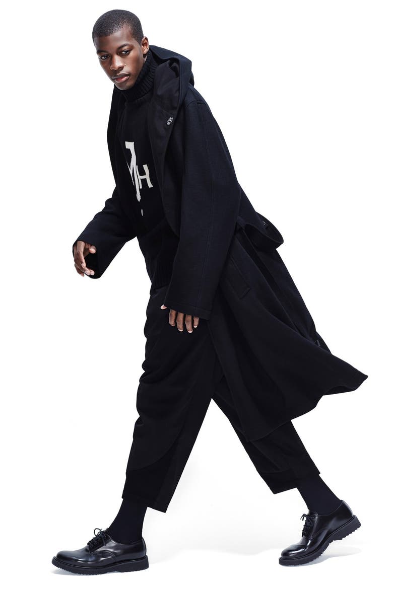 Yohji Yamamoto Asymmetrical Hooded Wool Coat, Alternate, color, BLACK