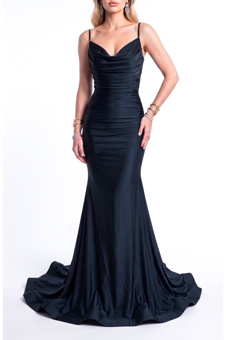 Ruched Cowl Neck Lace-Up Mermaid Evening Gown, Main, color, Black