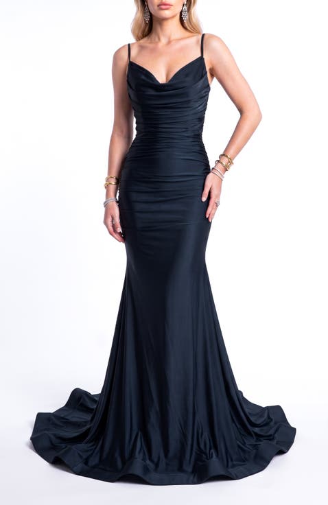 Ruched Cowl Neck Lace-Up Mermaid Evening Gown