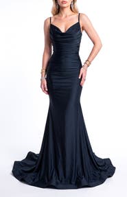 Jessica Angel Ruched Cowl Neck Lace-Up Mermaid Evening Gown