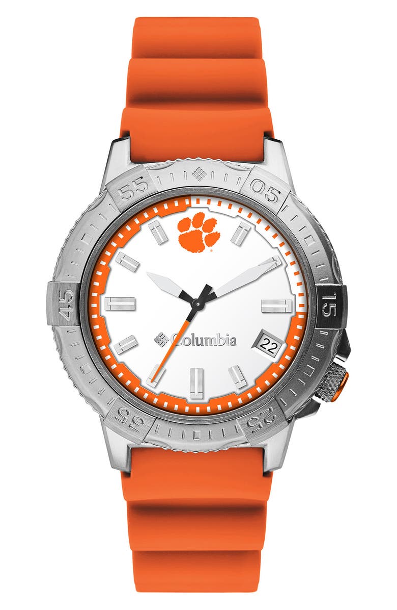Columbia Clemson University 3-Hand Quartz Silicone Strap Watch, 45mm, Main, color,
