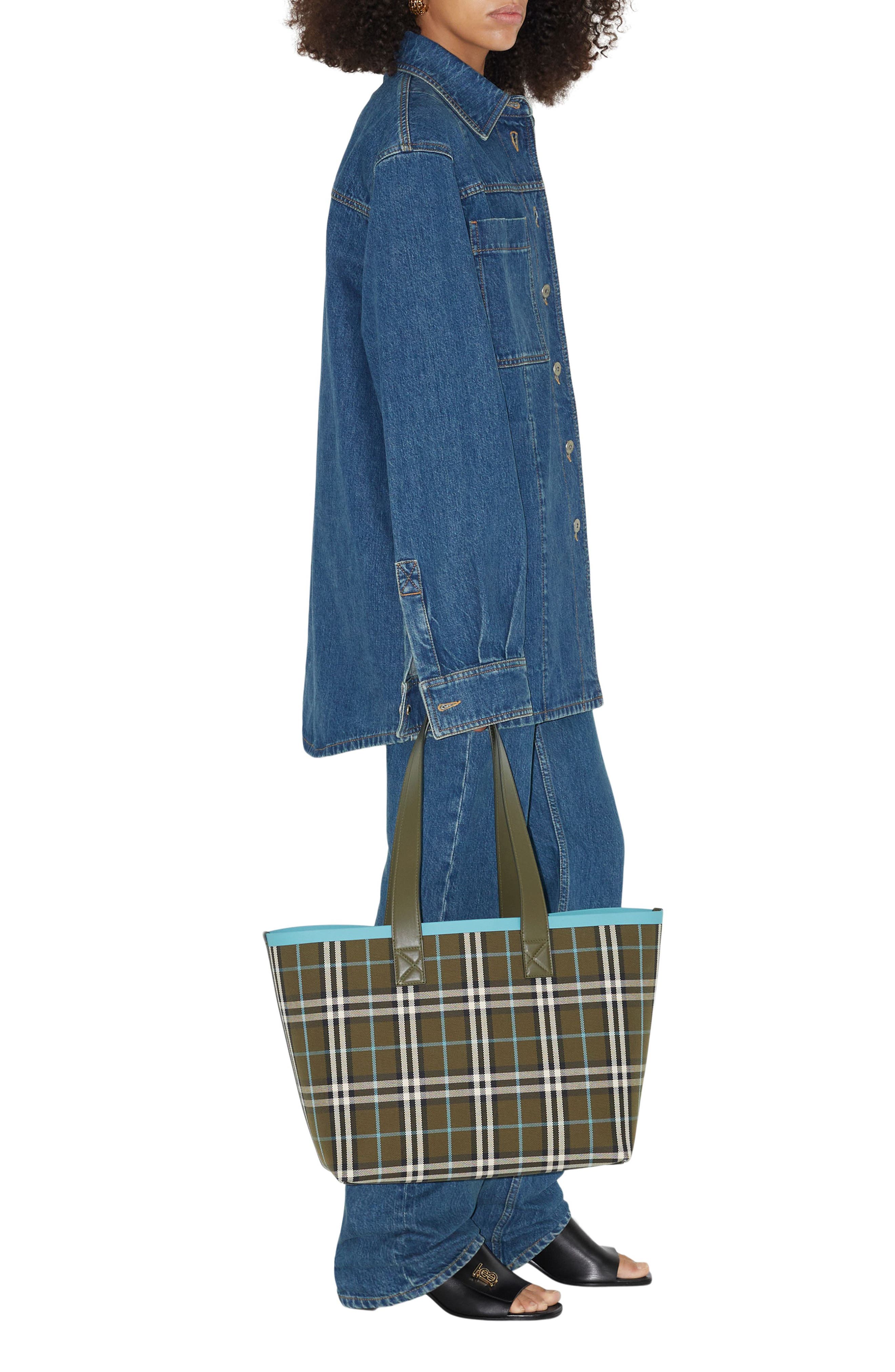 Burberry Medium Heritage Check Canvas Tote, Alternate, color, Olive Green