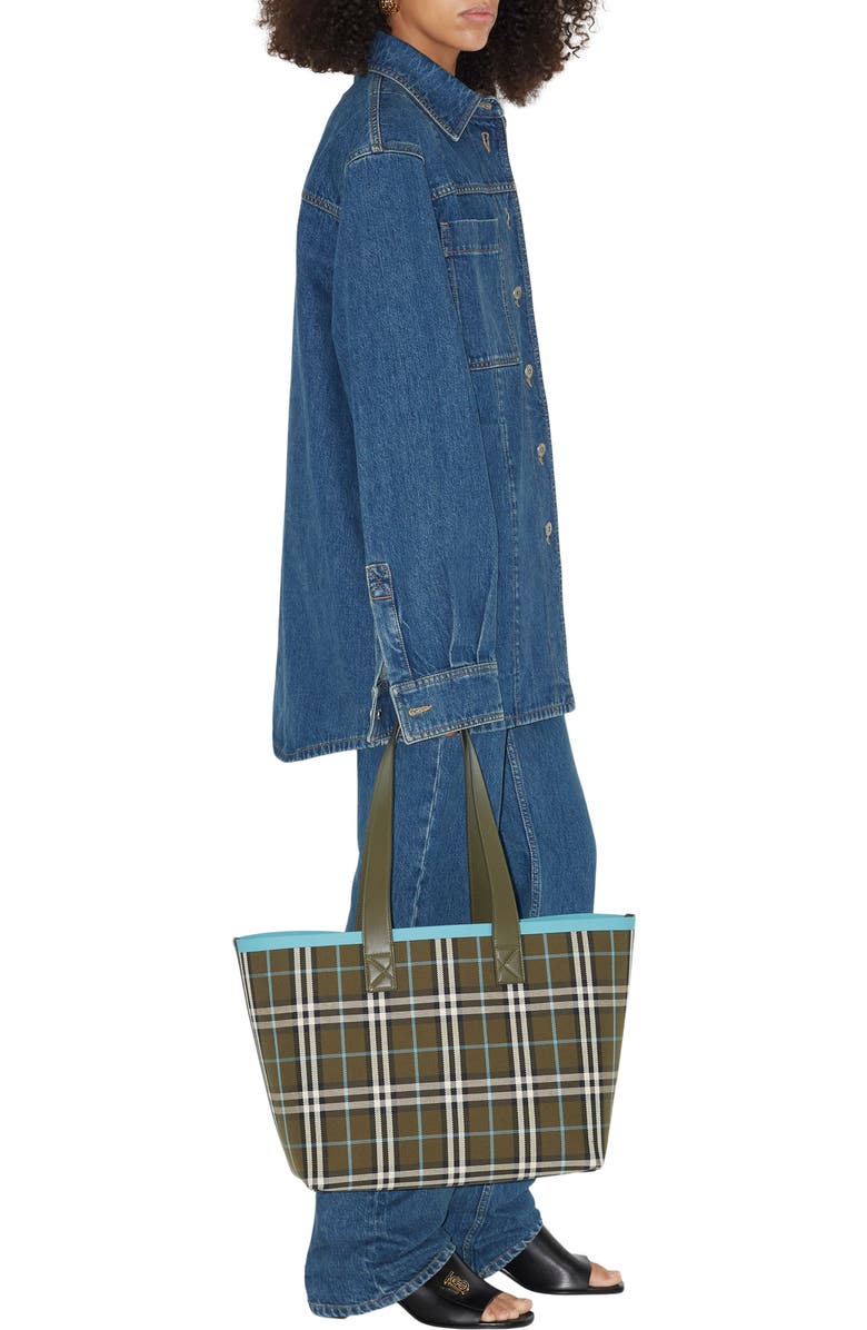 Burberry Medium Heritage Check Canvas Tote, Alternate, color, Olive Green