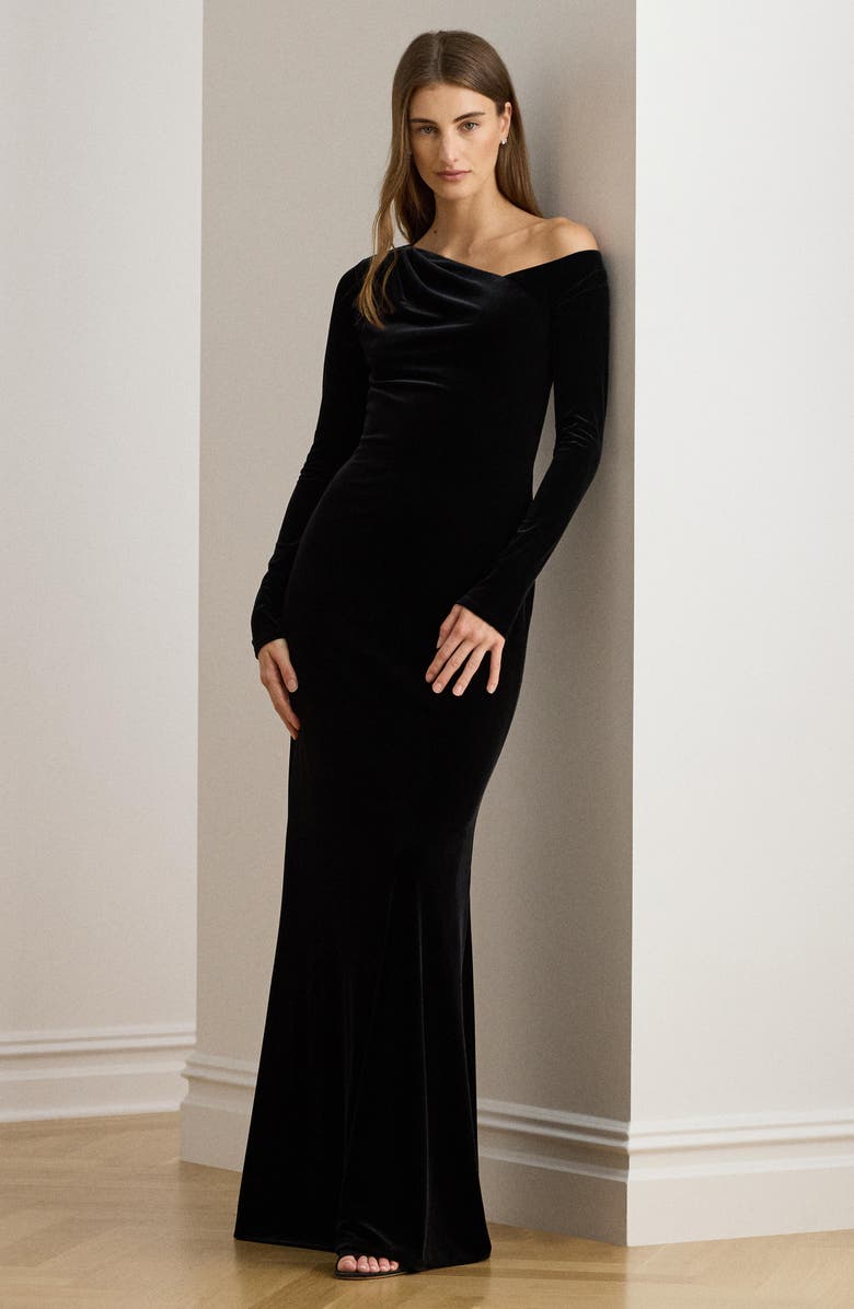 Lauren Ralph Lauren Cateema Asymmetric Neck Long Sleeve Gown, Alternate, color, Black Velvet
