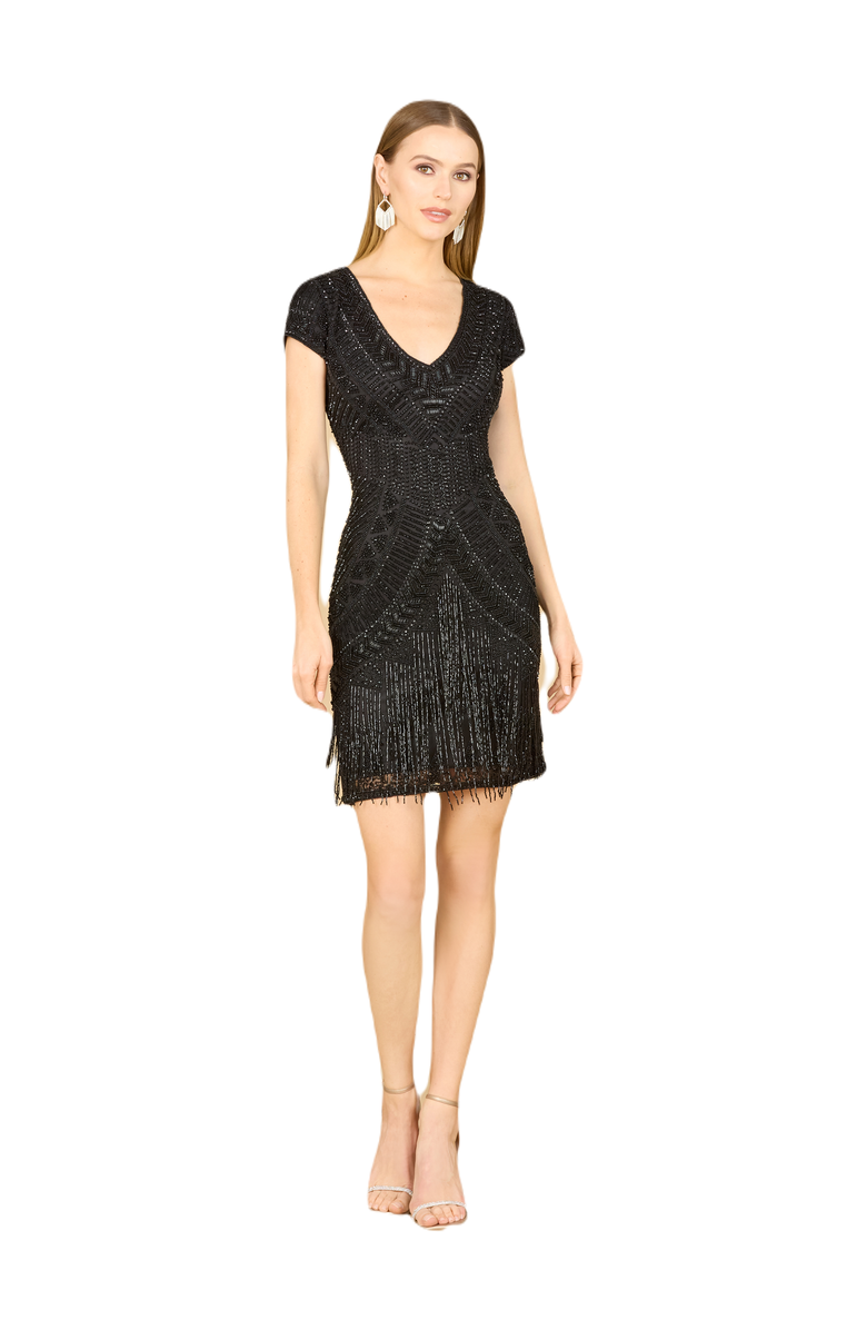 LARA New York Brooklyn Beaded Fitted Short Dress with Open Back, Alternate, color, Black