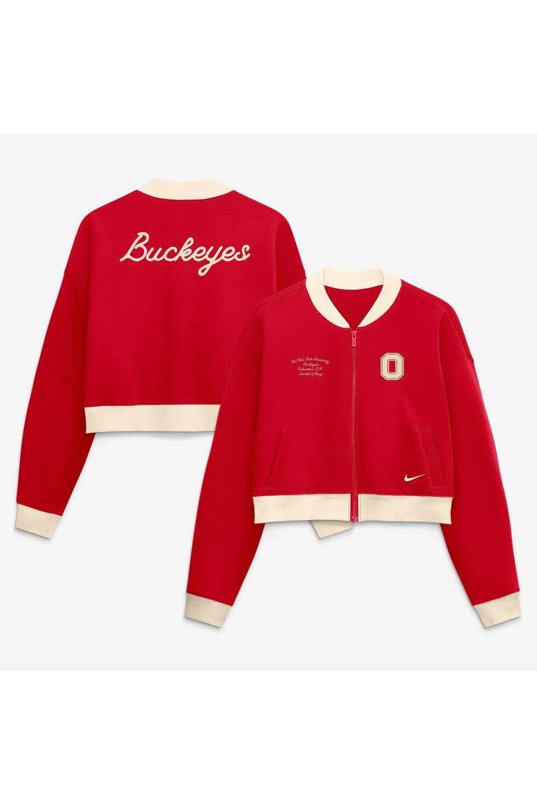 Women's Nike Scarlet Ohio State Buckeyes Oversized Academic Cropped Full-Zip Bomber Jacket, Main, color, Scarlet