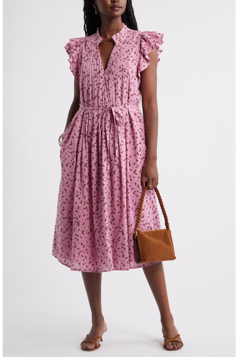 Ruffle Tie Waist Midi Dress, Alternate, color, PURPLE- BROWN JANET DITSY