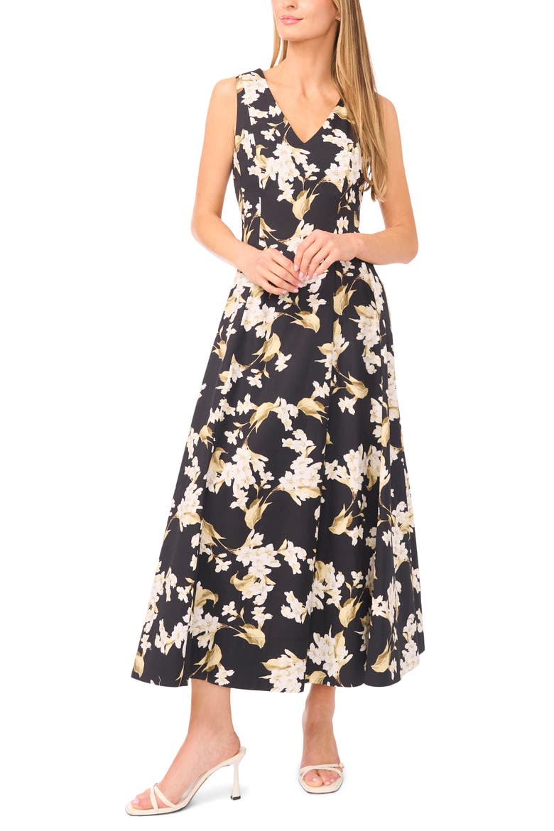 Elana Floral Cotton Midi Dress, Main, color, RICH BLACK