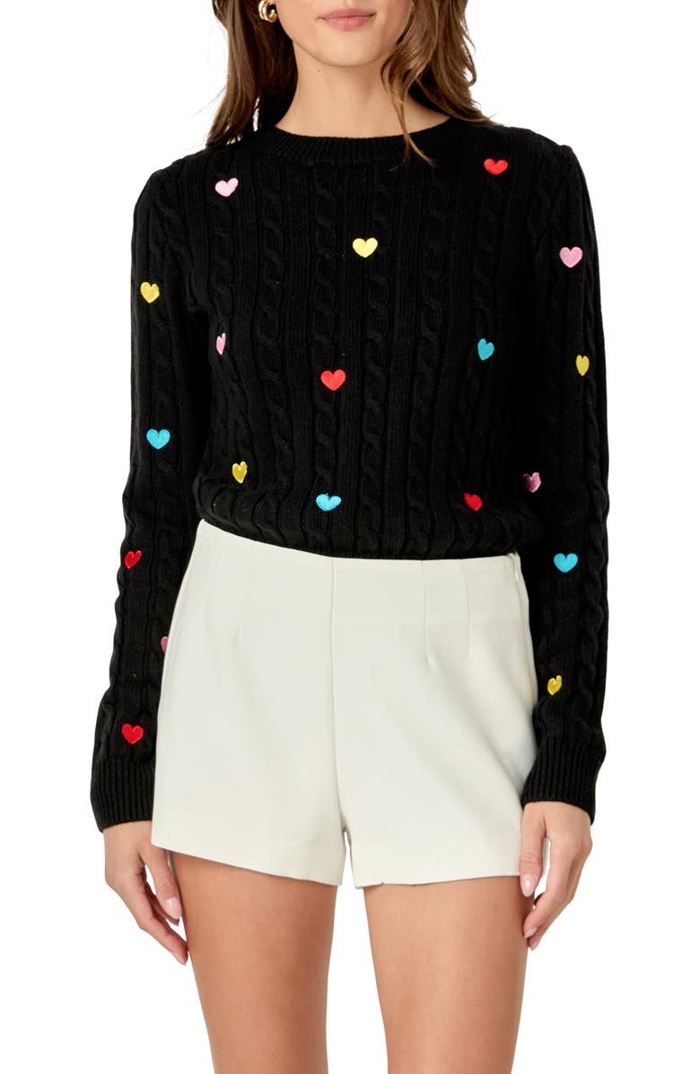 English Factory Heart Embroidered Cable Stitch Sweater, Main, color, 