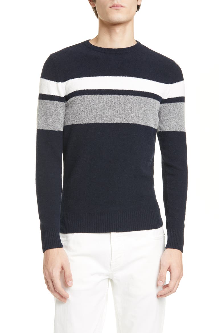 Slim Fit Stripe Cotton Blend Crewneck Sweater, Main, color, NAVY