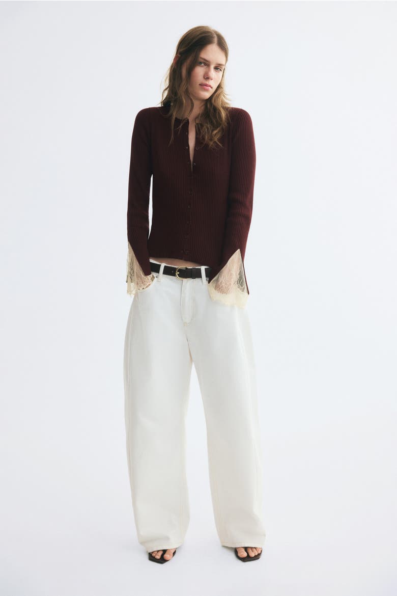 Lace-Trimmed Rib-Knit Cardigan, Alternate, color, Rust brown