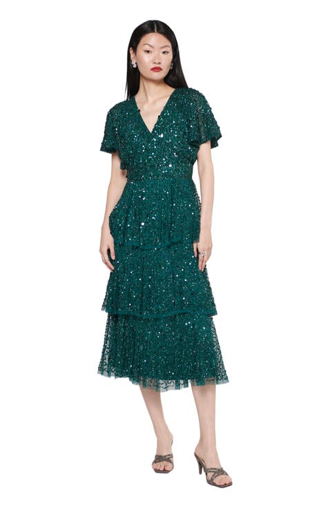 Occasion Embellished Sequin Beaded Short Sleeves Evening Midi Dress