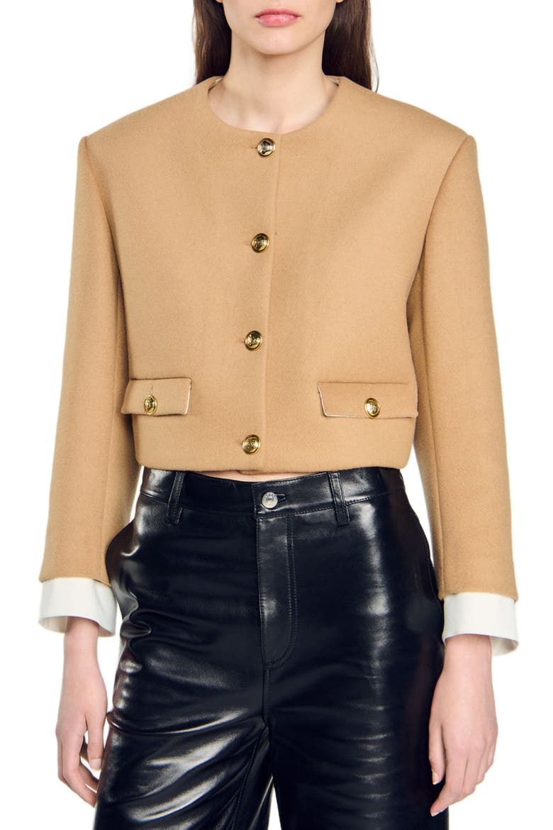 Cropped wool-blend jacket, Main, color, Camel