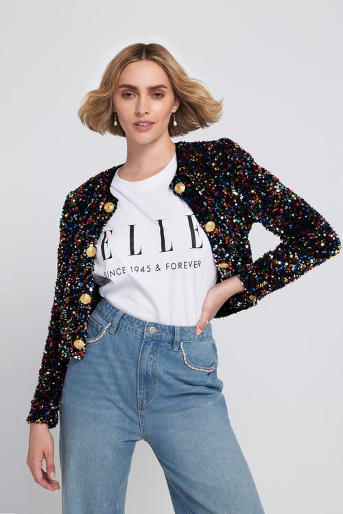 Elle Collection Sequin Cropped Jacket Biker In Black