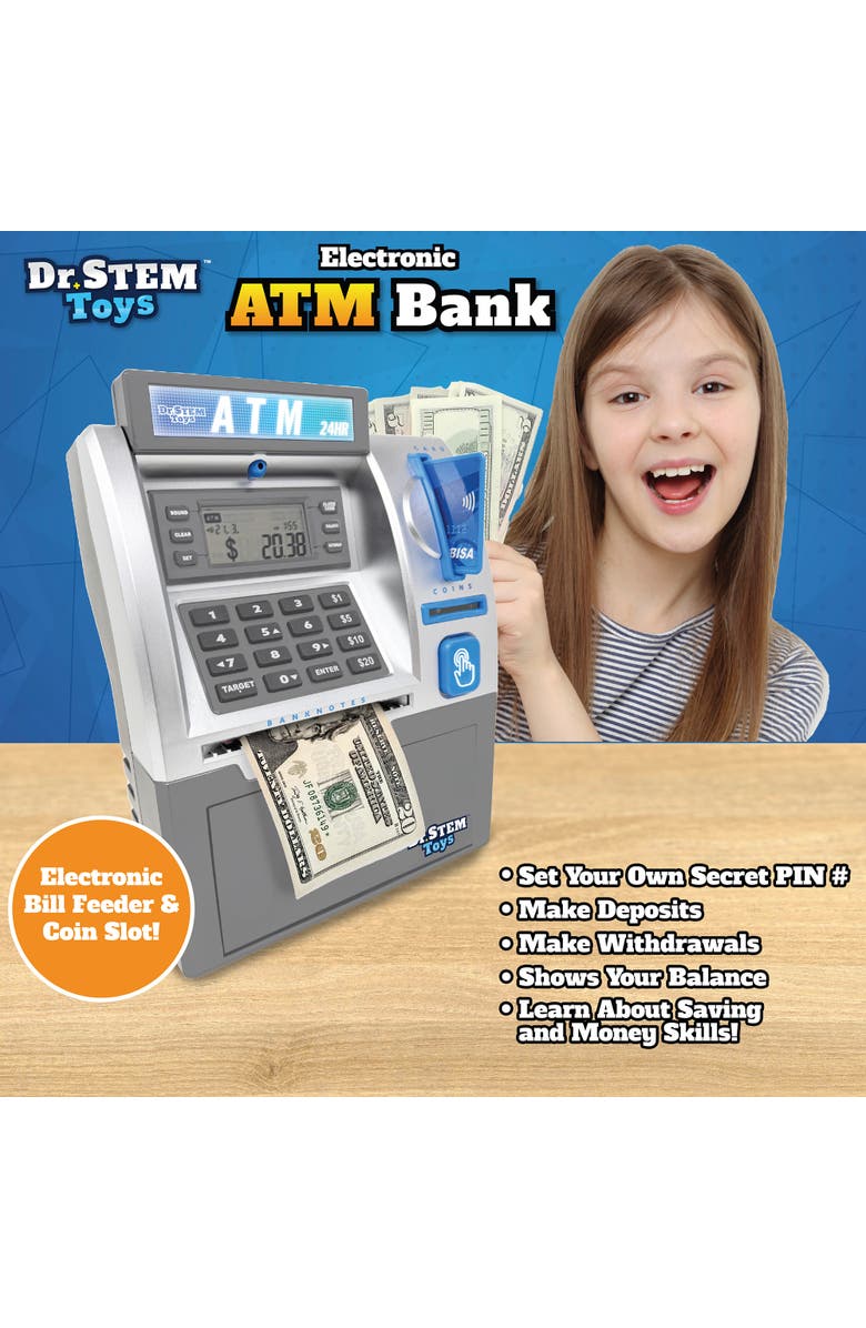 Dr. STEM Toys Electronic Atm Bank Real Money Savings Piggy Bank Toy, Alternate, color, Multicolored