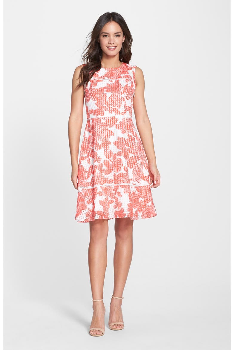 Floral Print Organza Fit & Flare Dress, Alternate, color, CORAL/ WHITE