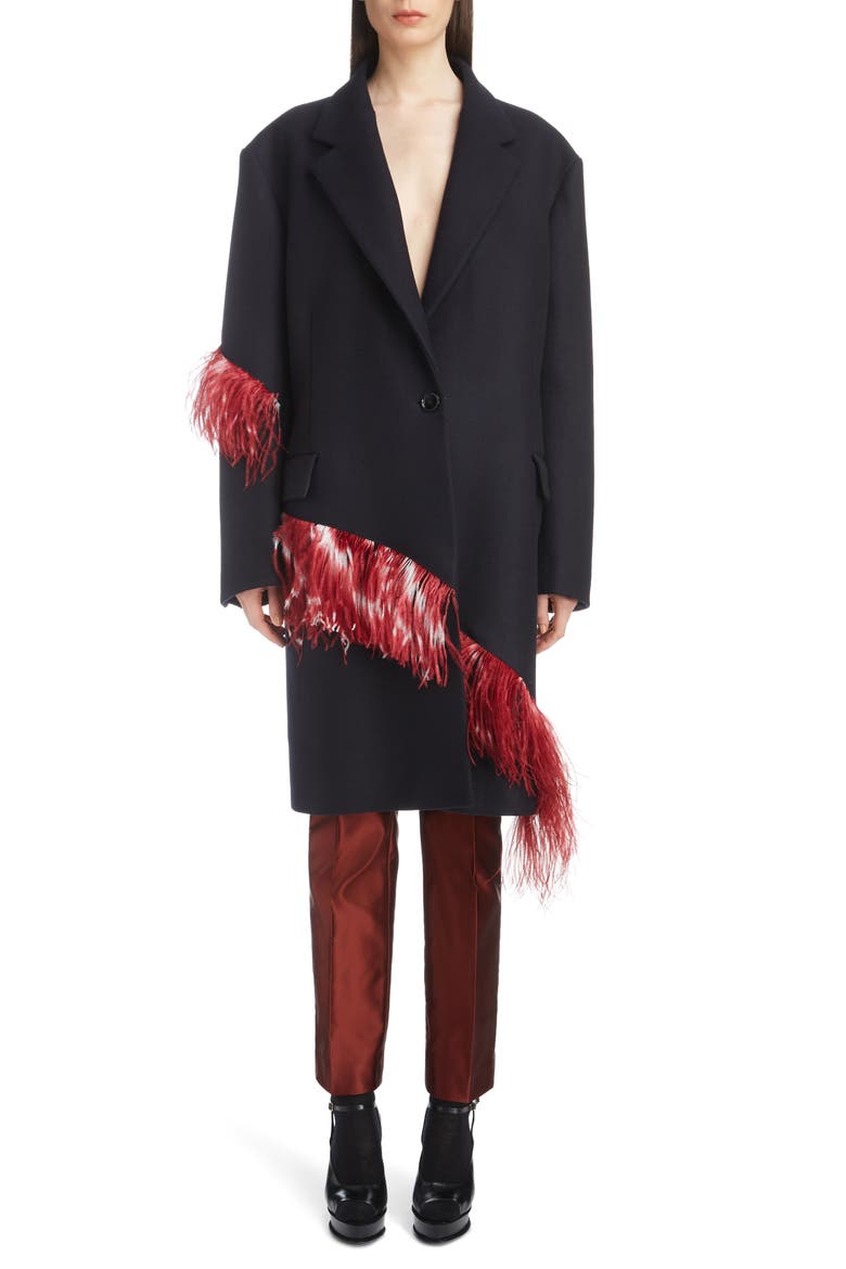 Ostrich Feather Trim Wool Blend Reefer Coat, Alternate, color, NAVY