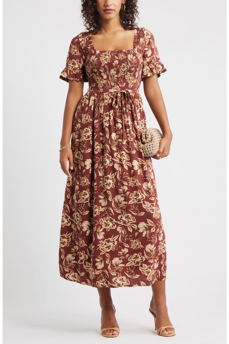 Smocked Ruffle Bodice Maxi Dress, Main, color, BROWN FRANNIE FLORAL