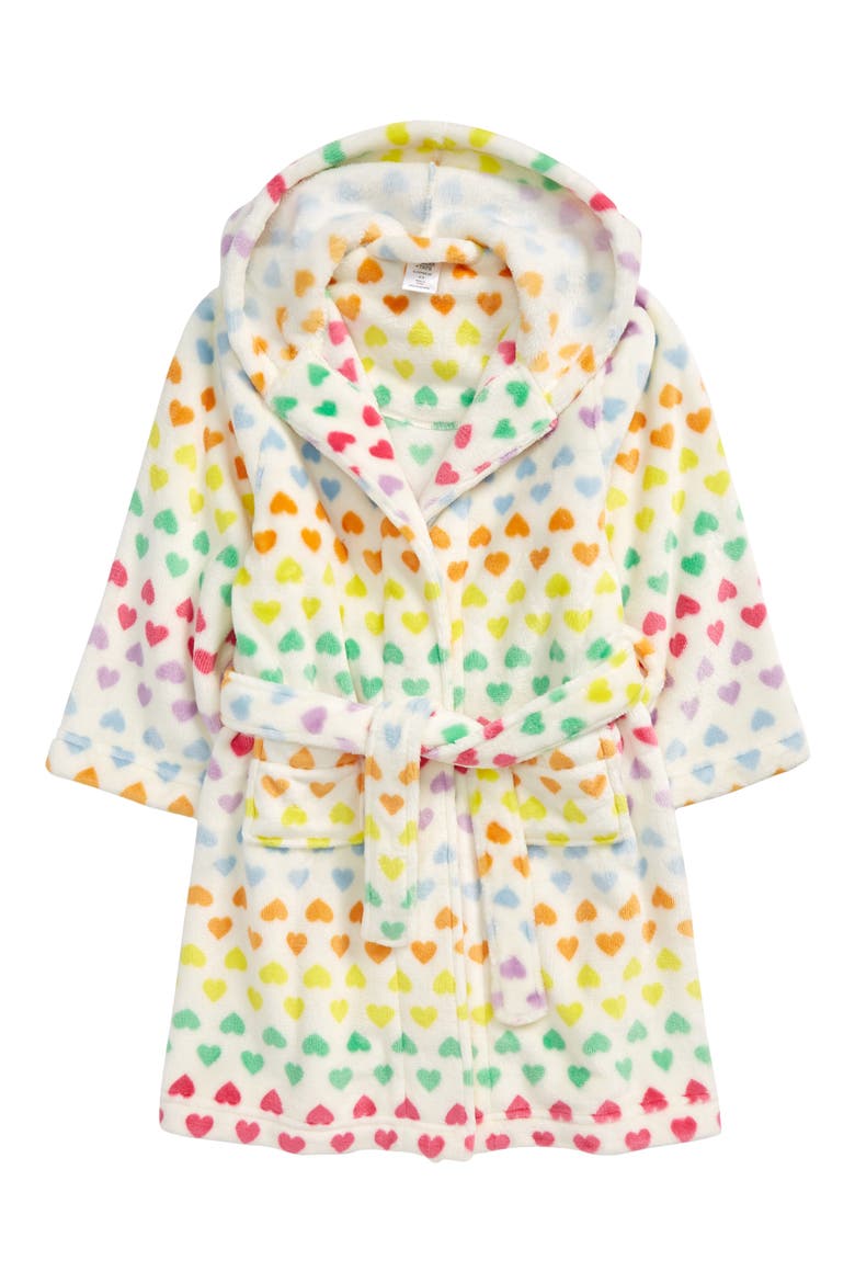 Kids' Hooded Fleece Robe, Main, color, IVORY EGRET RAINBOW HEARTS