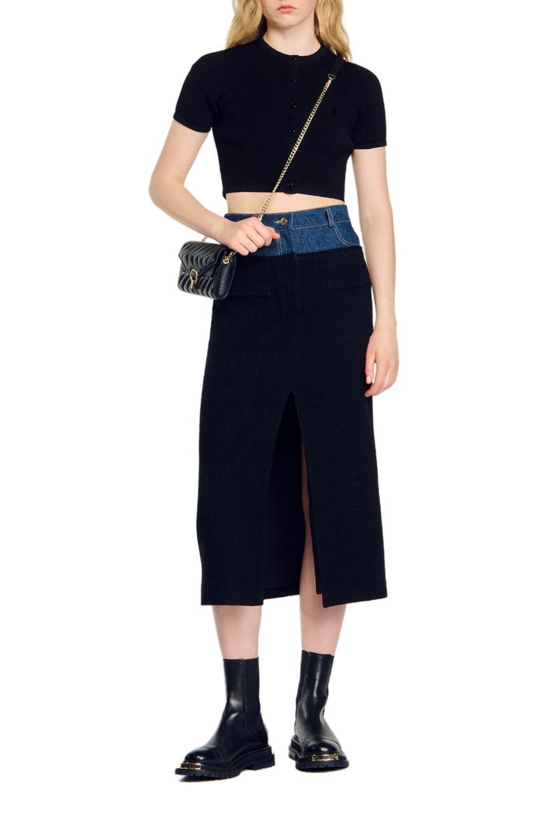 SANDRO Dual-material denim and tweed skirt, Alternate, color, 