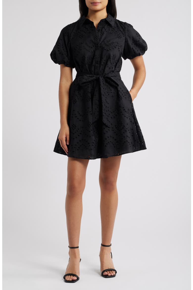 Puff Sleeve Eyelet Shirtdress, Main, color, BLACK