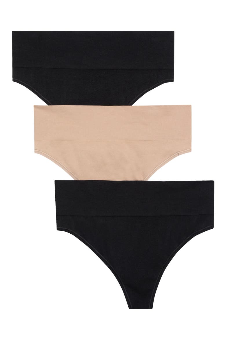 3-Pack Seamless Thongs, Main, color, BLACK- TAN MULTI