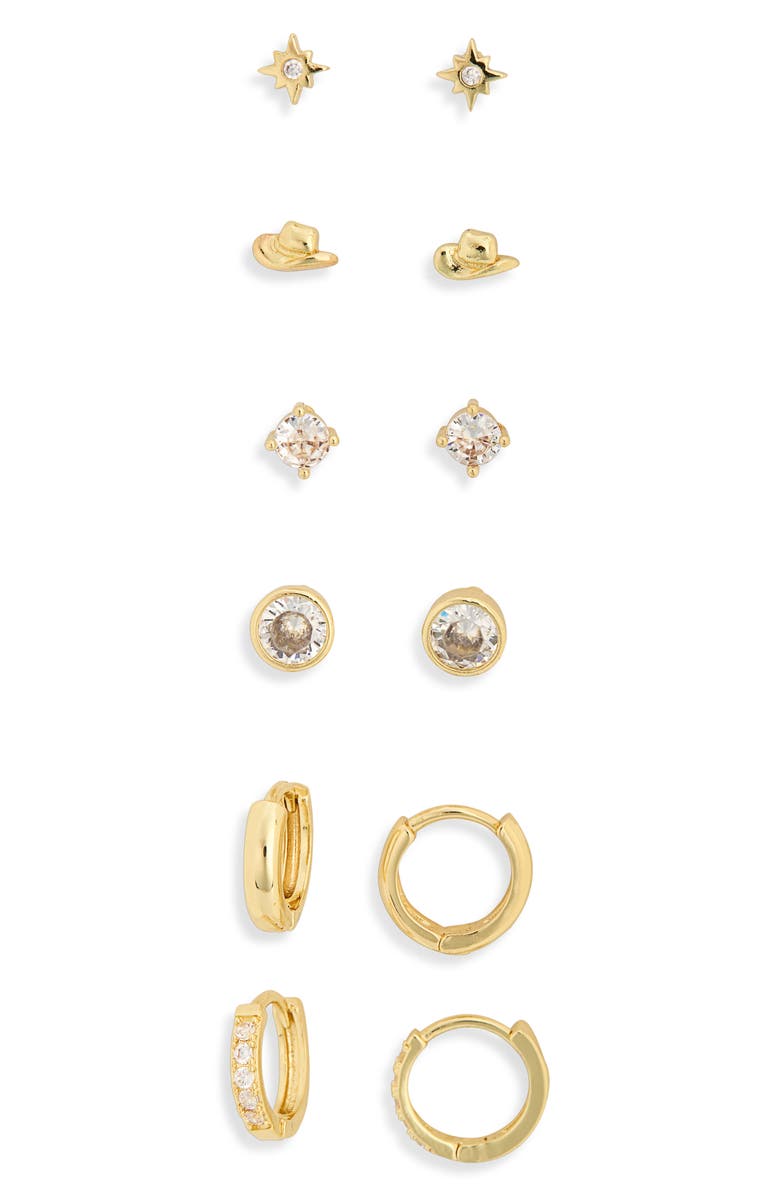 Leith Set of 6 Cowboy Hat Stud Earrings, Alternate, color, Clear- Gold