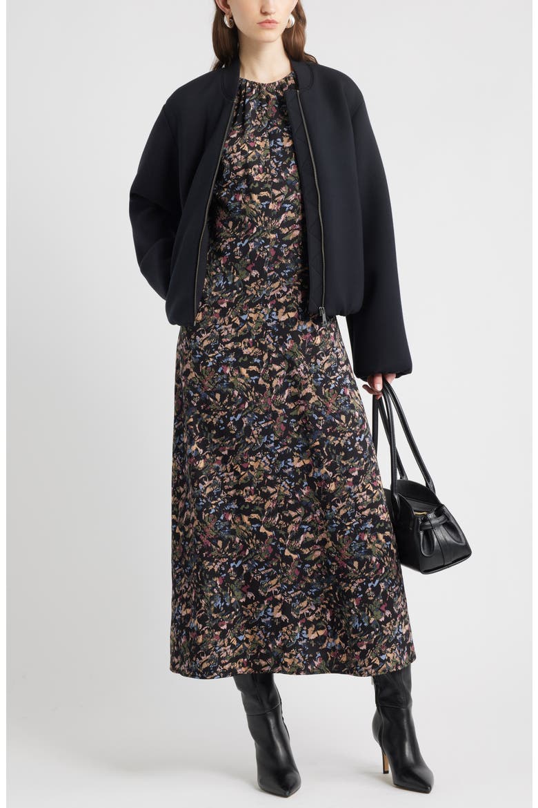 Shirred Cap Sleeve Maxi Dress, Alternate, color, BLACK MULTI FEATHER ABSTRACT
