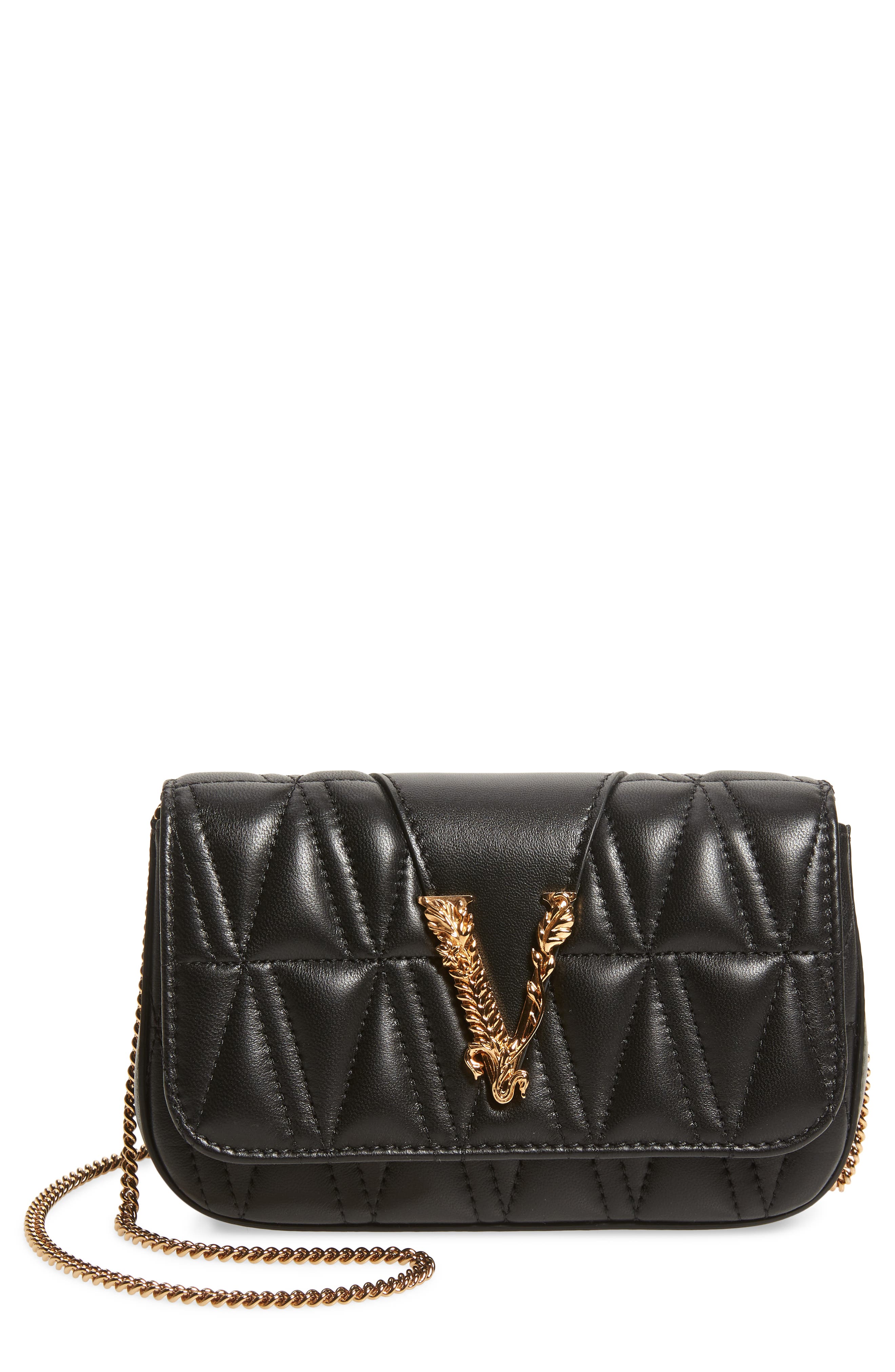 Versace First Line V Matelassé Leather Crossbody Bag, Main, color, 