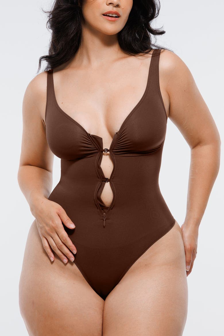 Skin Flow Zipper Front Thong Bodysuit, Alternate, color, Deep Coffee