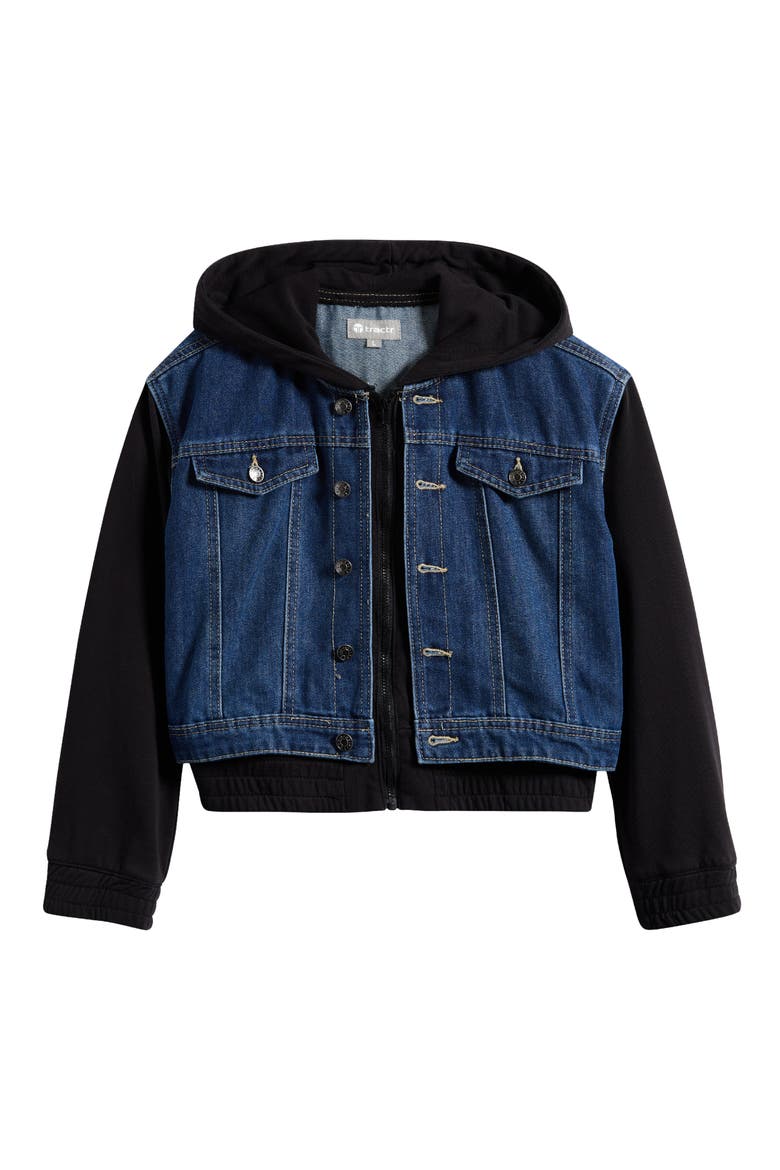 Kids' French Terry & Denim Trucker Jacket, Main, color, DARK BLUE/ BLACK