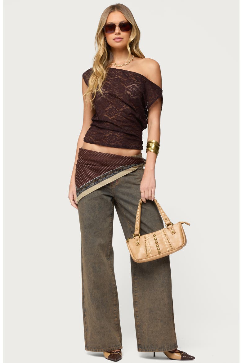 Kessa Lace One-Shoulder Top, Alternate, color, BROWN