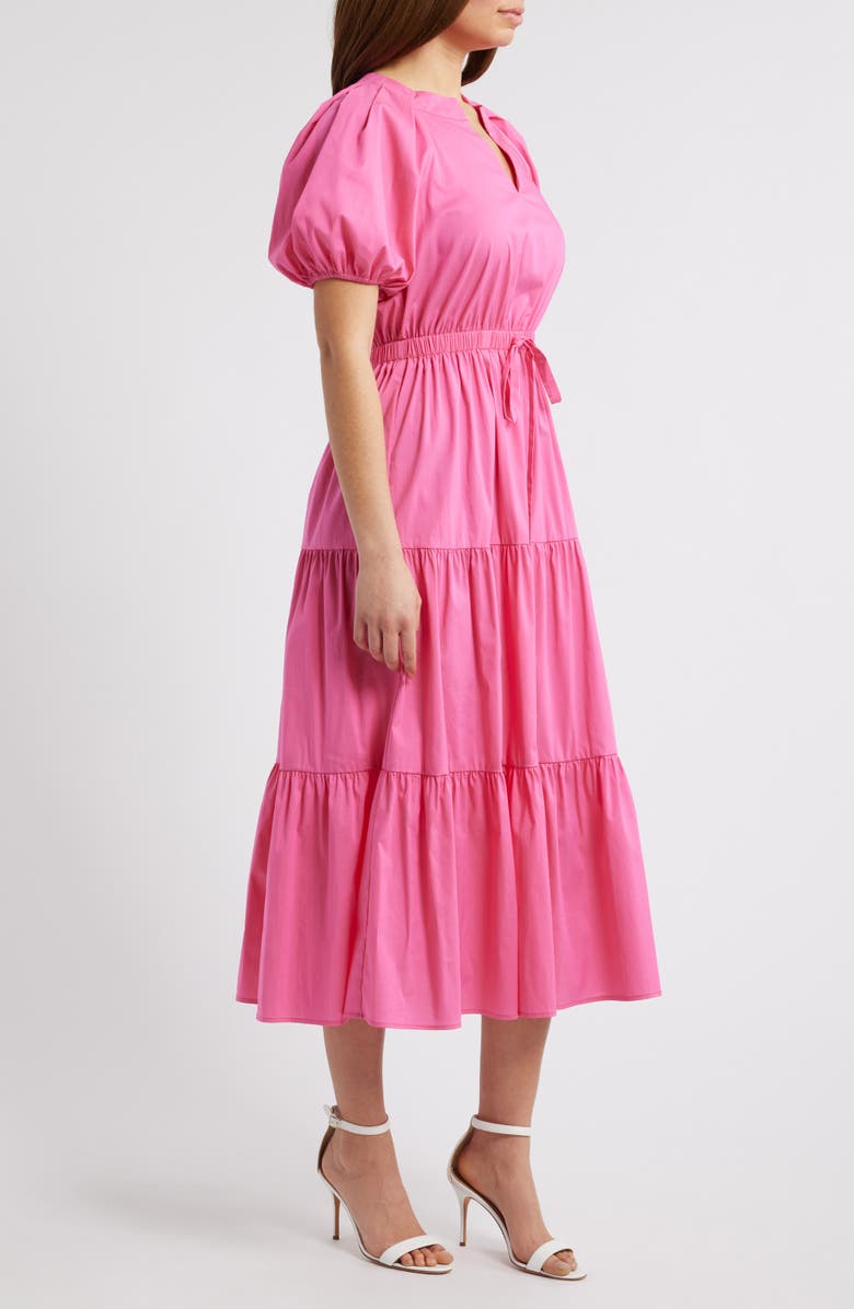 Anne Klein Tiered Puff Sleeve Midi Dress, Alternate, color, Carmine Rose