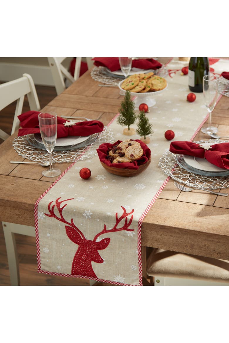 Red Reindeer Embroidered Table Runner, Alternate, color, Red Reindeer