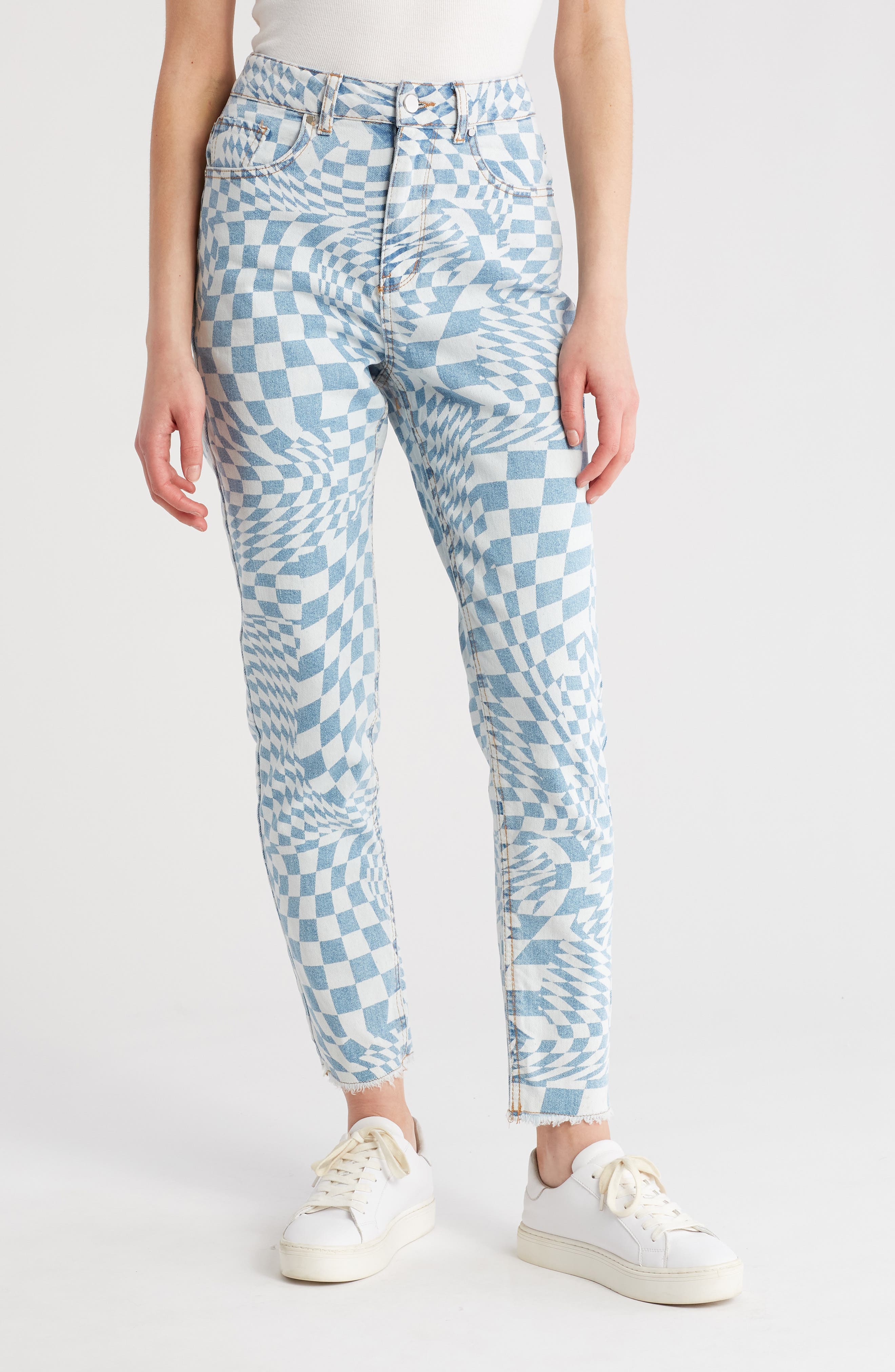 Tinseltown Checkerboard Swirl High Waist Ankle Mom Jeans in Vintage Wash 