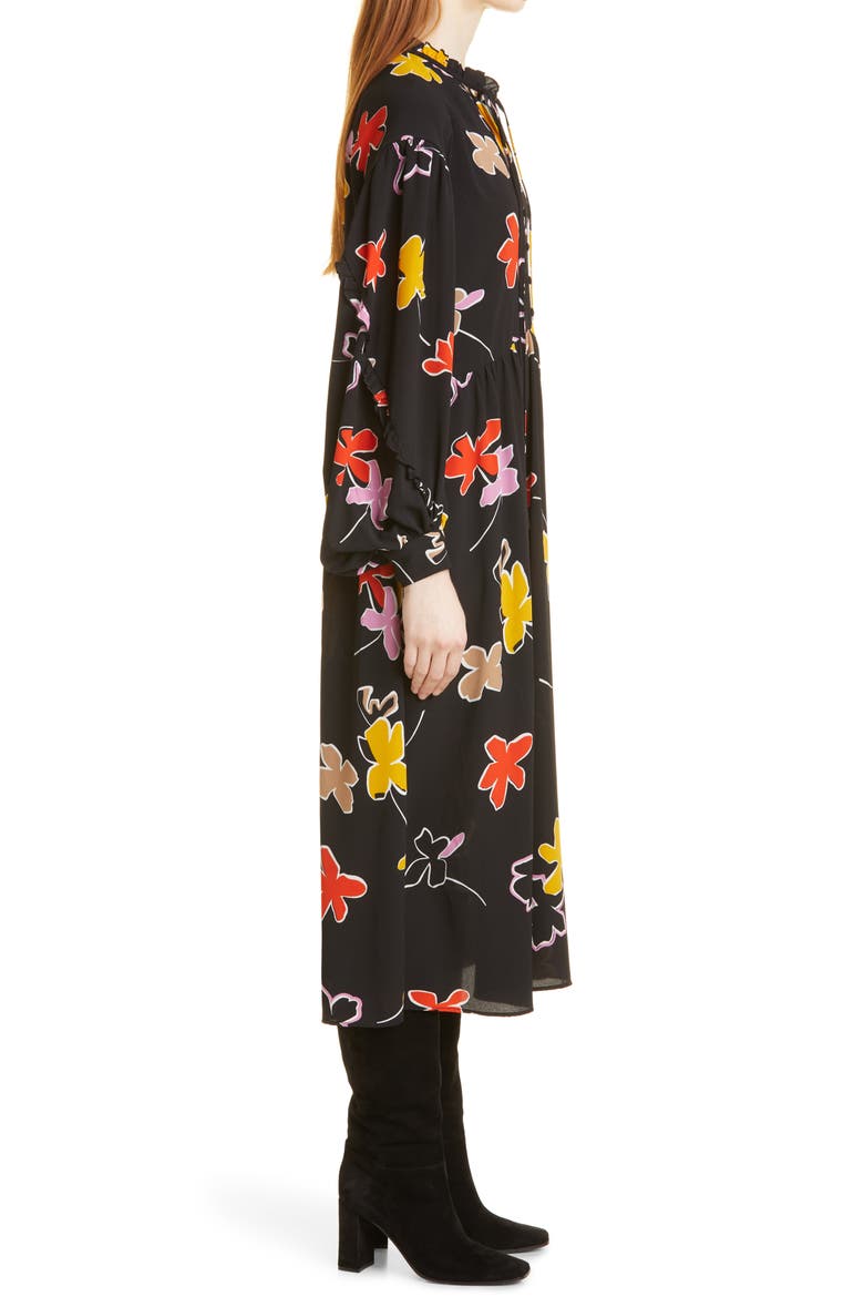Yviee Chuck Ruffle Long Sleeve Floral Midi Dress, Alternate, color, BLACK