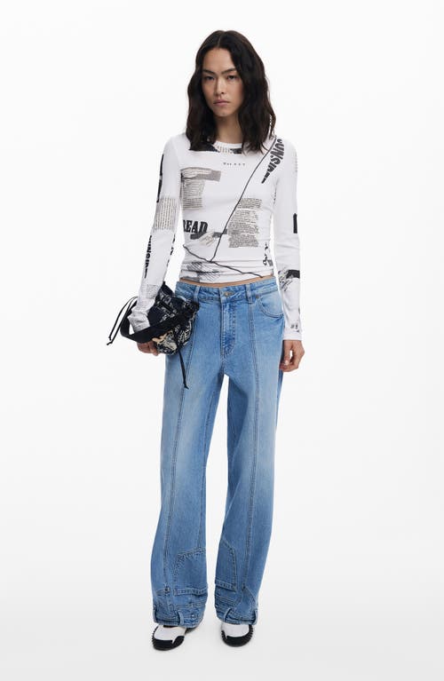 Desigual Mixed Print Long Sleeve Knit Top In White