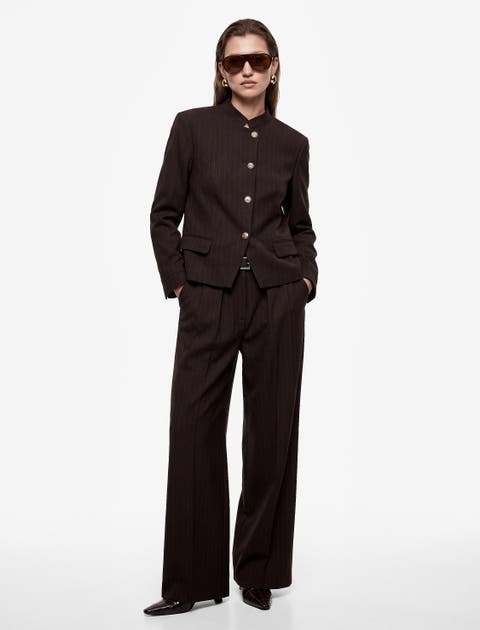 Long Sleeve Pinstriped Mandarin Collar Suit Jacket