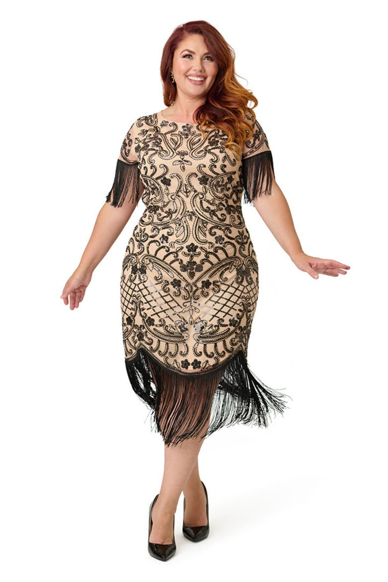 Plus Size Beaded Nadine Fringe Flapper Dress, Main, color, Black/Beige