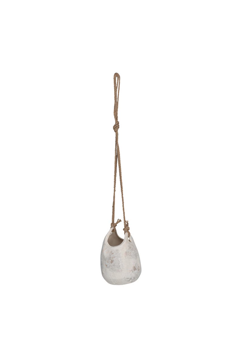 Hanging Stoneware Planter with Jute Rope Hanger and Distressed Volcano Finish, White, Main, color, White