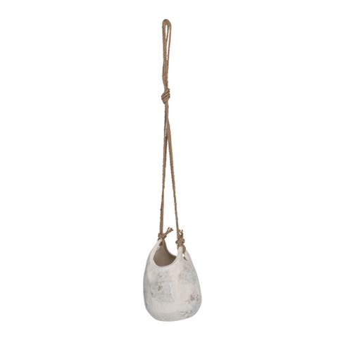 Hanging Stoneware Planter with Jute Rope Hanger and Distressed Volcano Finish, White