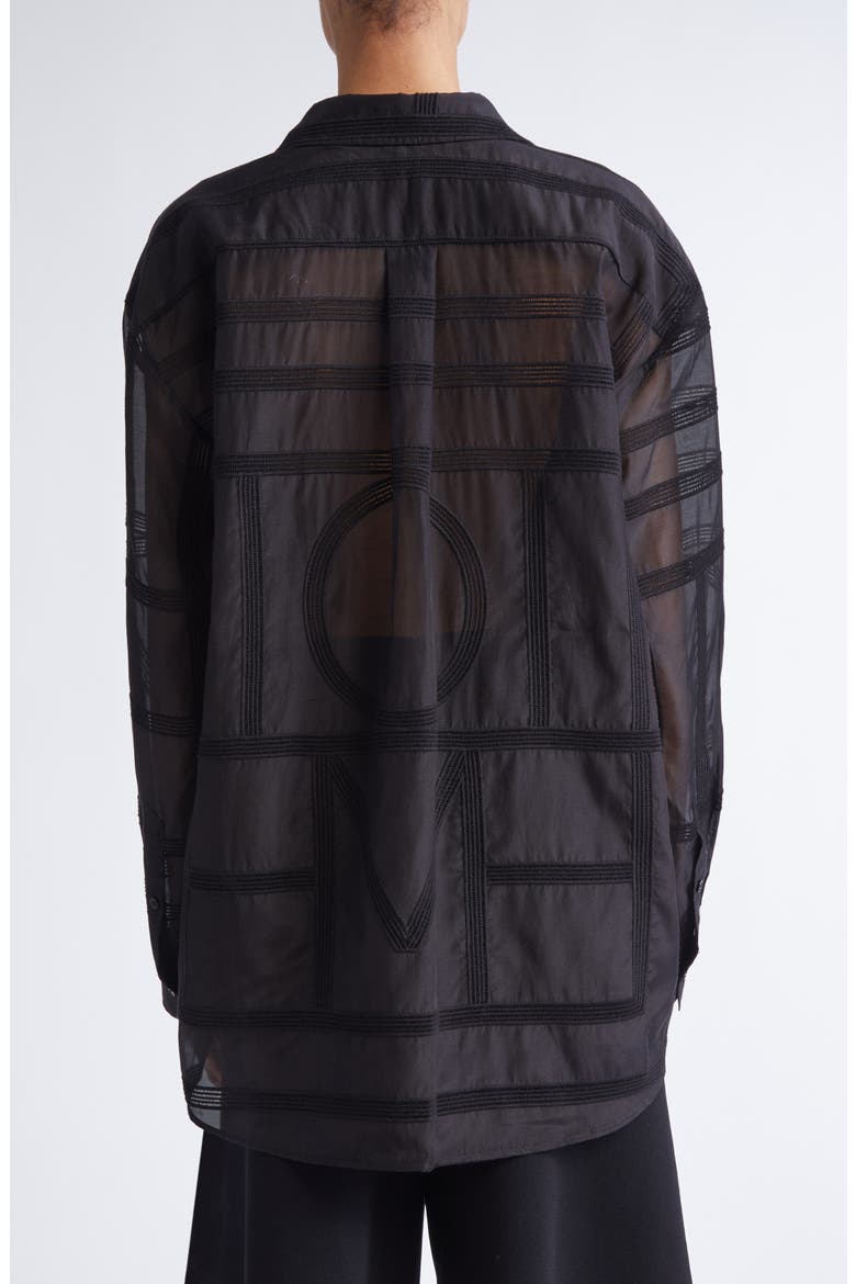 Embroidered Organic Cotton & Silk Monogram Oversize Button-Up Shirt, Alternate, color, BLACK