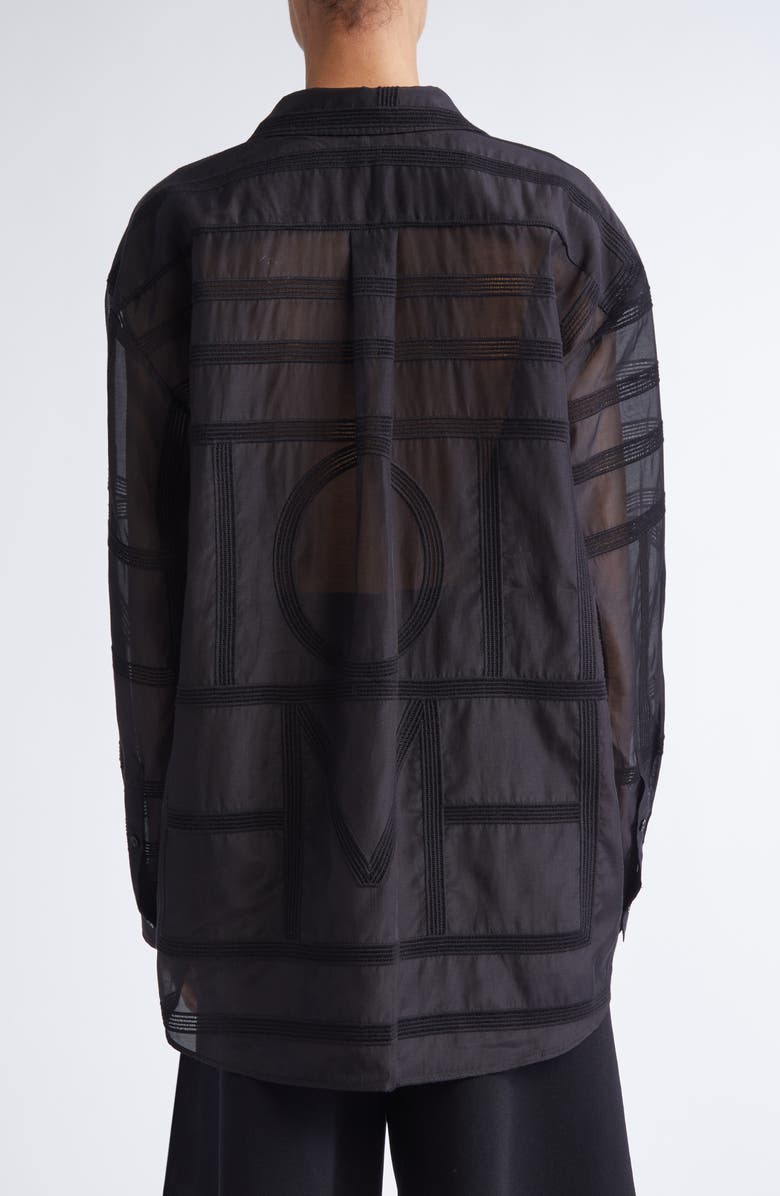 TOTEME Embroidered Organic Cotton & Silk Monogram Oversize Button-Up Shirt, Alternate, color, Black