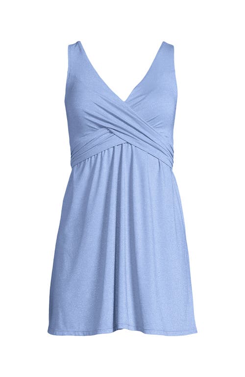 Lands' End Slendersuit V-neck Wrap Swim Dress One Piece Swimsuit Adjustable Straps In Soft Cloud Blue Shine