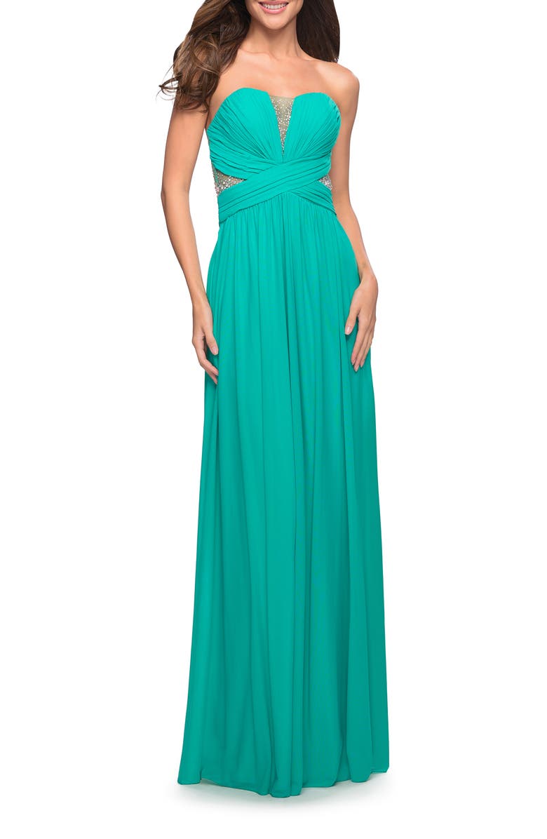La Femme Stunning Beaded Strapless Mesh & Jersey Gown, Main, color, 