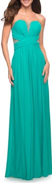 La Femme Net Jersey Dress with Gathered Bodice and V Neckline