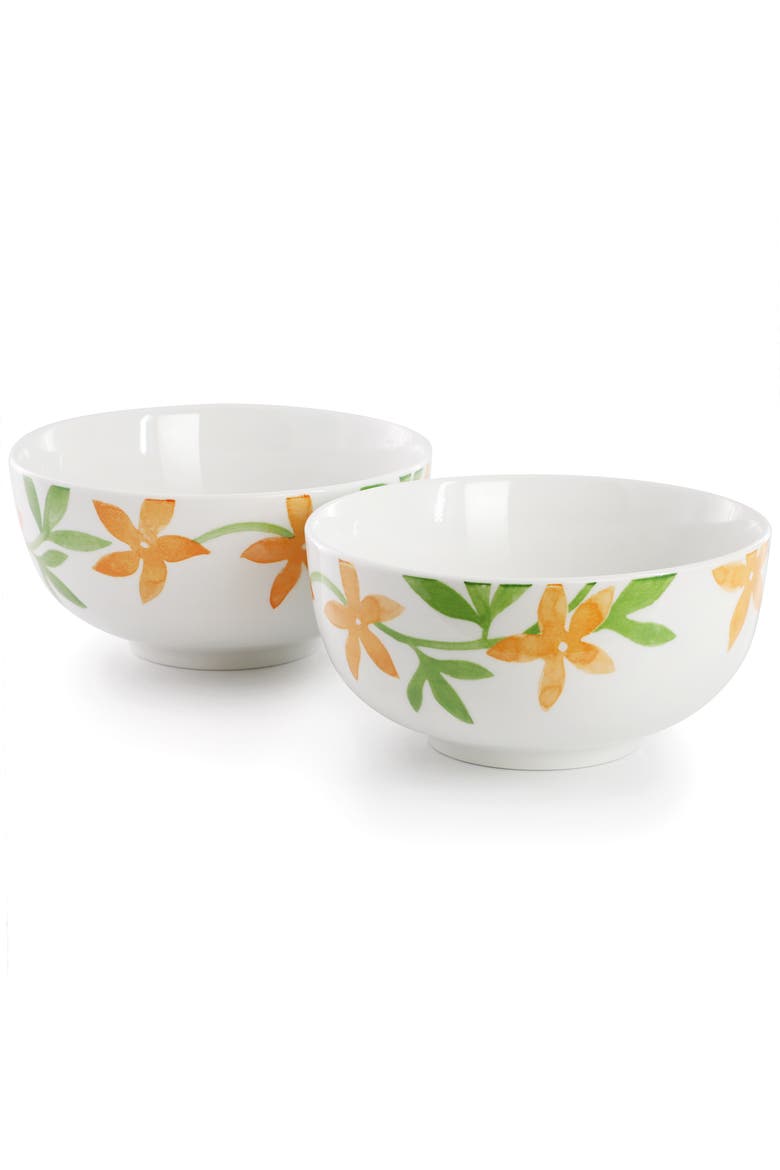 2 Piece Fine Ceramic Cereal Bowl Set in Floral, Alternate, color, Orange
