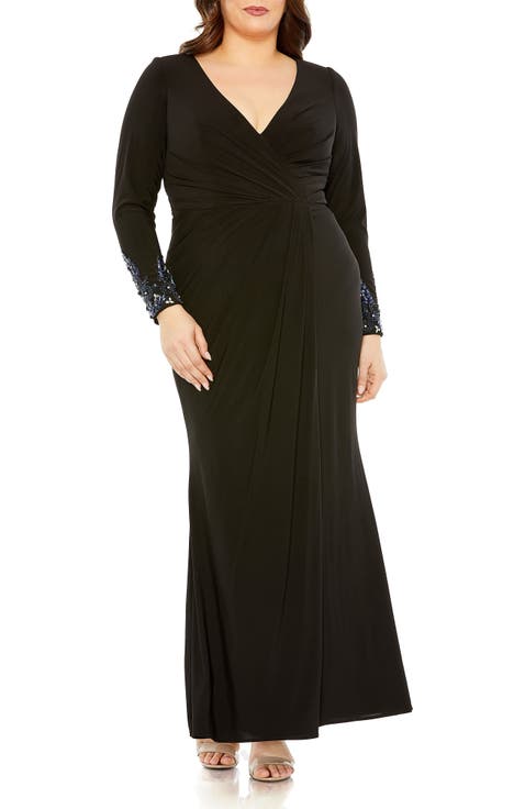 Long Crystal Detail Sleeve V Neck Gown