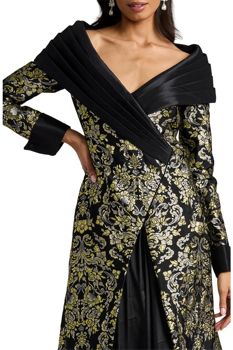 Metallic Floral Jacquard Long Sleeve Mixed Media Gown, Alternate, color, GOLD/ MULTI