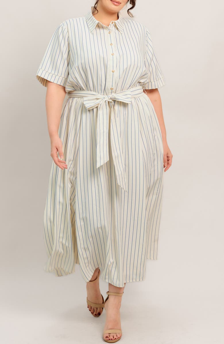 FLYING TOMATO Stripe Tie Waist Midi Dress, Main, color, Ivory/ Blue